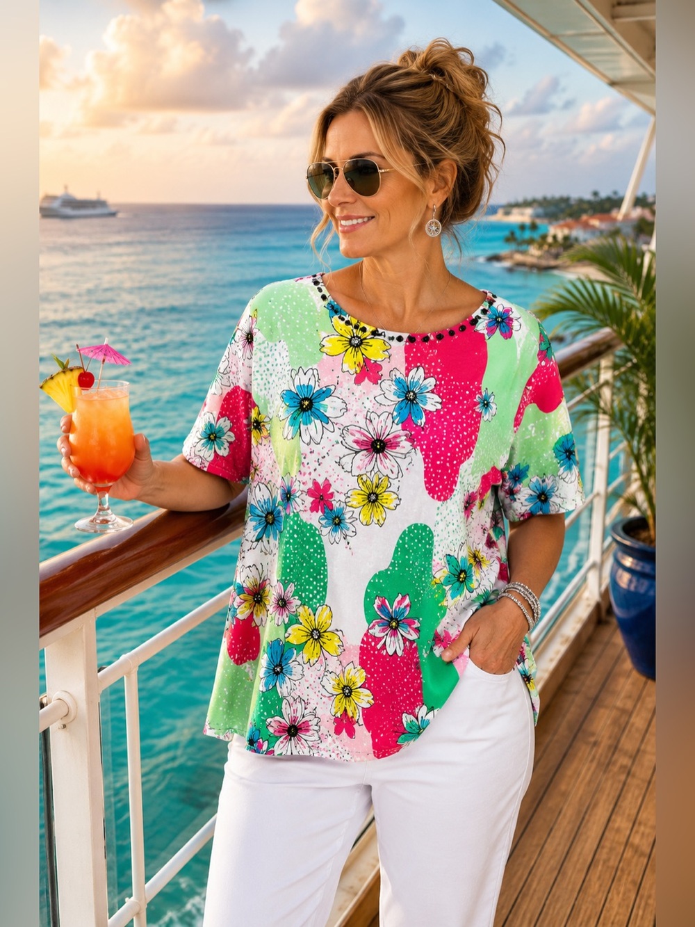 Alfred Dunner Floral Beaded Top L | Colorful Tropical Print Short Sleeve
